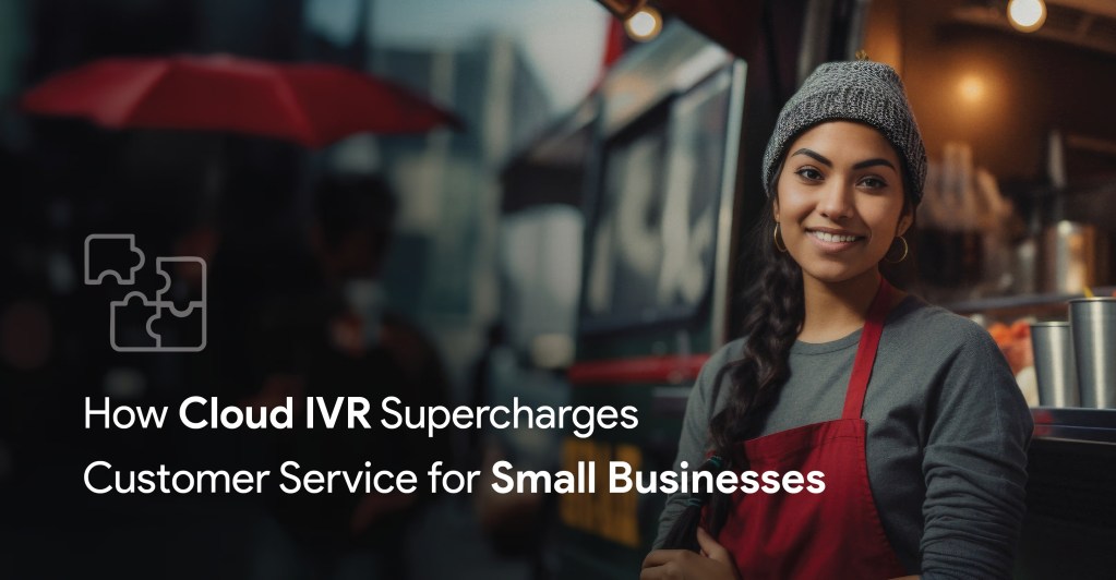 Confident woman standing near her small shop, representing a successful business owner. A puzzle icon symbolizes how Cloud IVR helps solve customer service challenges.