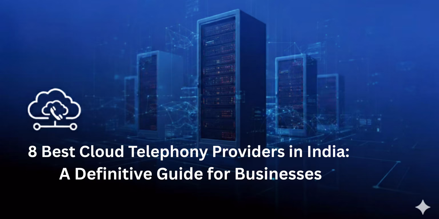 The image shows a blue color background with shadows of bars showing growth and in white font the title is written as "8 best cloud telephony providers in India".