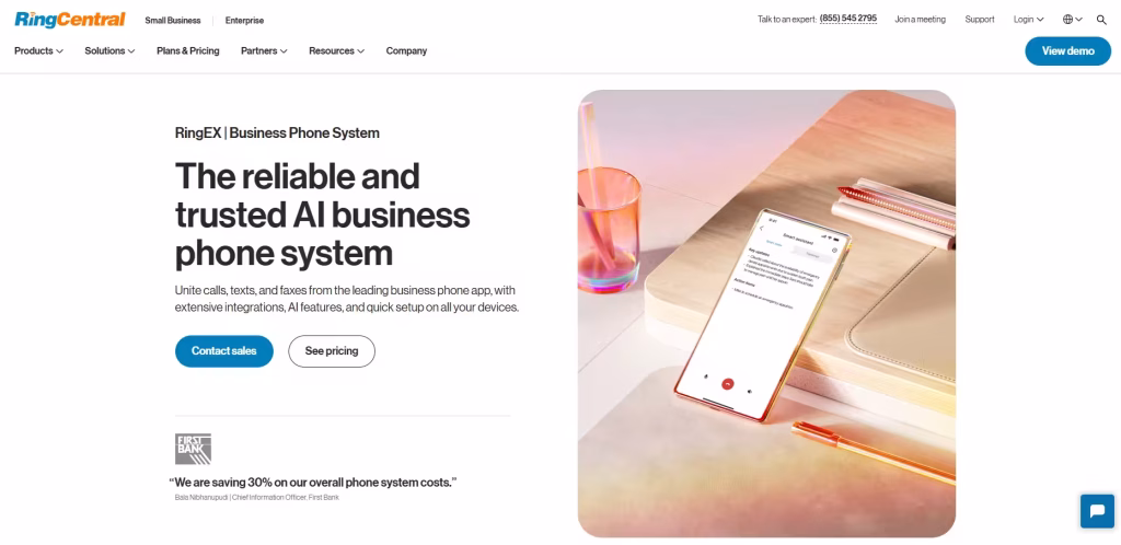 Screenshot of RingCentral cloud telephony solution website