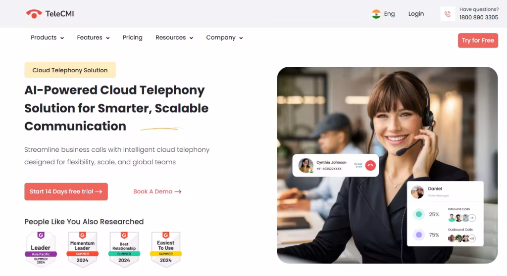 Screenshot of TeleCMI cloud telephony service provider website