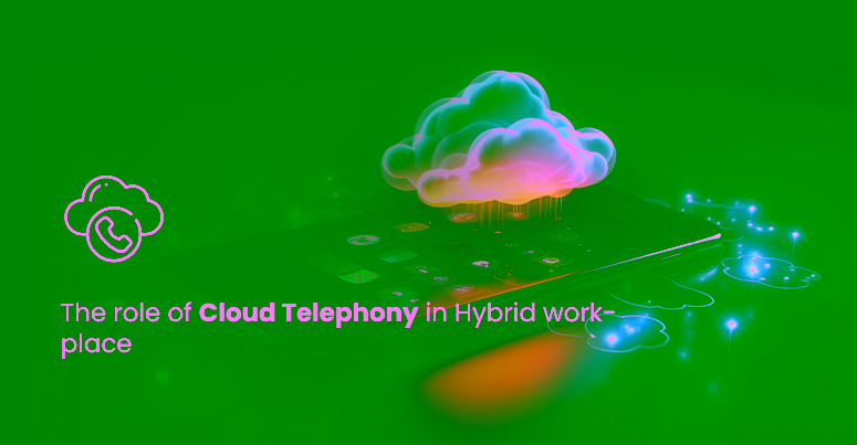 The blue and black banner shows the image of a mobile phone and two clouds symbolic of how cloud telephony is useful in hybrid workplace. The title of the blog is written in left hand side as " the role of cloud telephony in hybrid workplace".