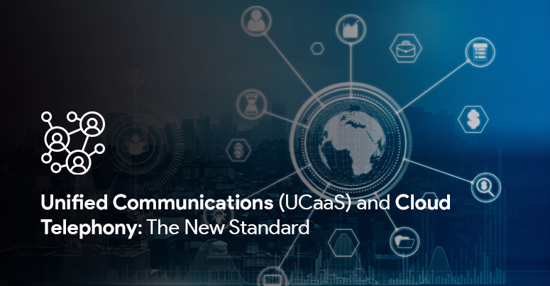 A blue and white network diagram illustrating UCaaS solutions with icons representing cloud telephony, video conferencing, and team messaging interconnected by digital lines.