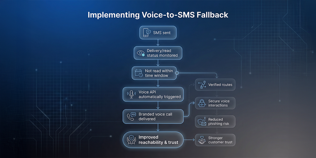 Flowchart: "Implementing Voice-to-SMS Fallback" for Voice API in business communication. Sequence: SMS sent → delivery monitored → rules trigger → branded Voice API call → enhanced reachability & trust