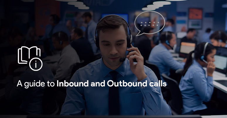 In the black background an employee is seen calling a client and from the lef side in white letters the blog title is written as "A guide to inbound and outbound calls".