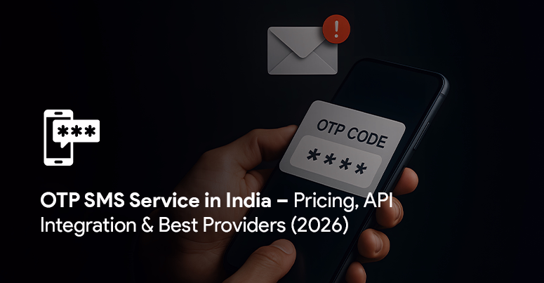 Smartphone screen displaying a 4-digit one-time password notification from a secure verification service. The title shows " OTP SMS Service in India- pricing, API Integration and best providers in 2026".