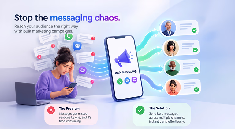 Illustration comparing manual messaging chaos with a bulk messaging platform streamlining customer communication across multiple channels