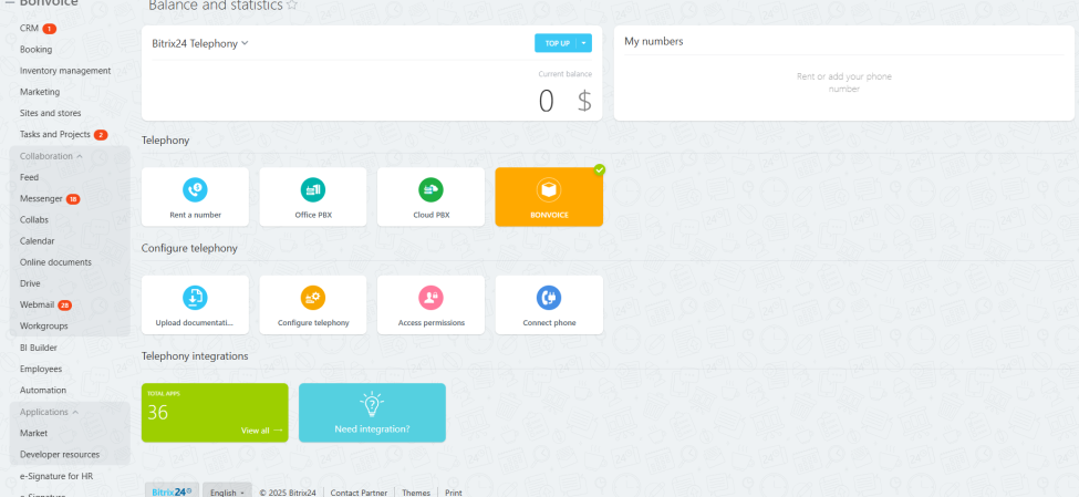 dashboard showing Bitrix24 telephony