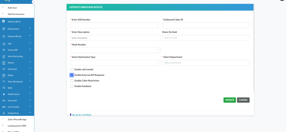 dashboard overview inbound route